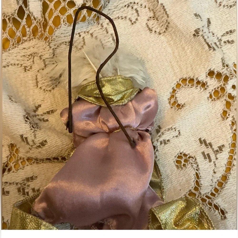 Vintage Porcelain & Fabric Angel Christmas Ornament Holiday Décor 4.5”